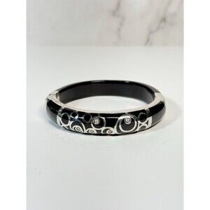 Sterling Silver & Acrylic Bangle Bracelet Black Inlay Crystal Accent 925